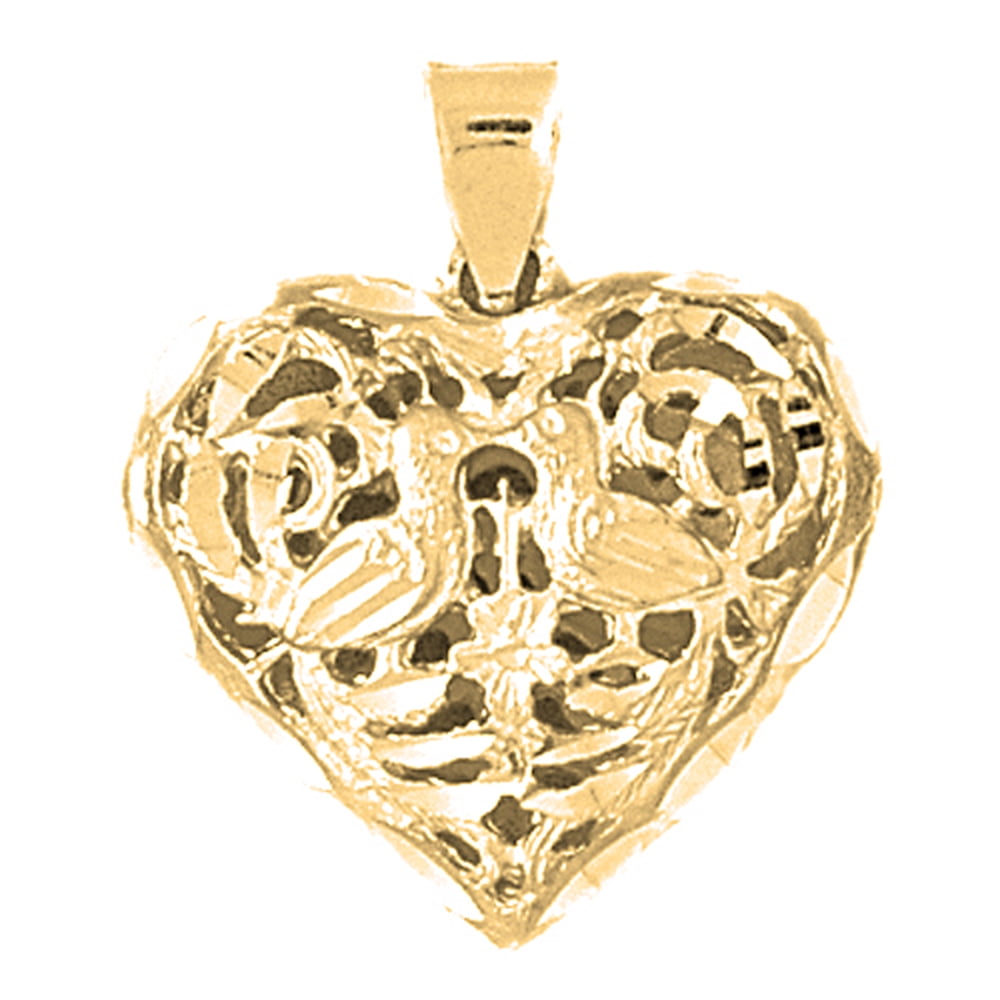 18K Yellow Gold 3D Filigree Heart Pendant 26 mm