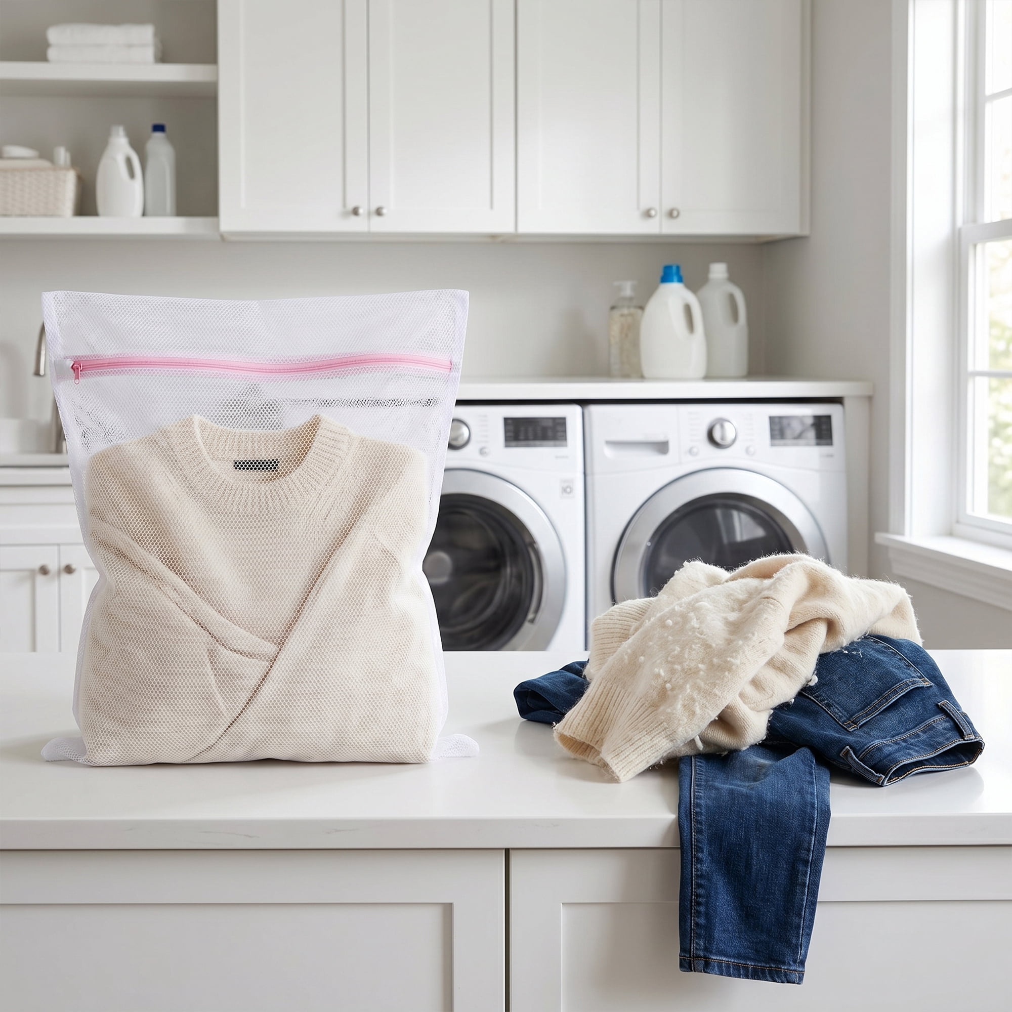 Unique Bargains 3Pcs Durable Mesh Zipper Closure Laundry Bag White 15.7" x 19.7"