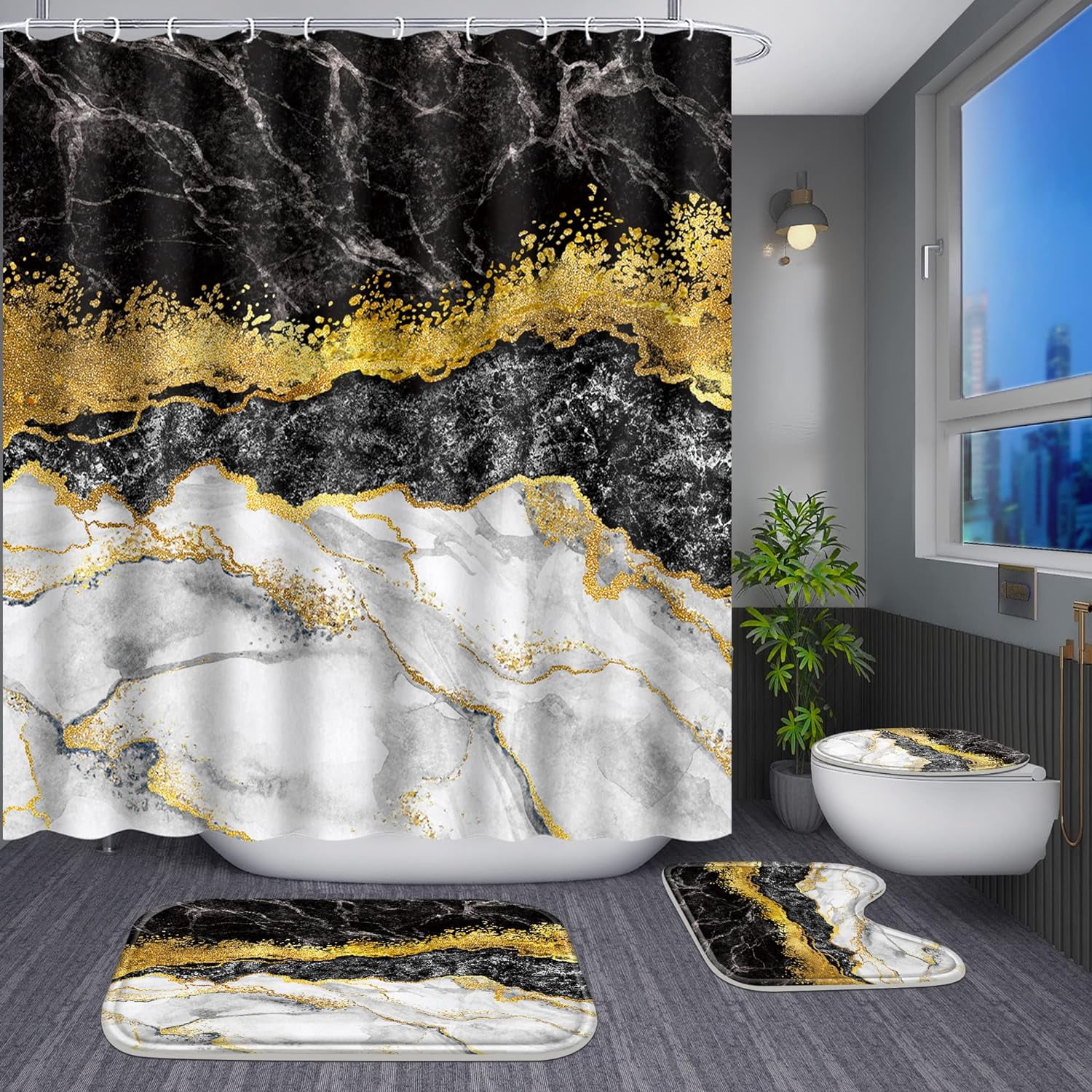 FRAMICS Black Gold Marble Shower Curtain Sets with Rugs, 16 Pc Modern Abstract Bathroom Sets, Waterproof Fabric Bathroom Curtain Decor with Hooks