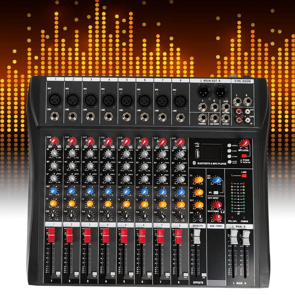8 Channel Mixing Console Audio Mixer Bluetooth USB Live Studio Amplifier Mixer w/USB Drive for PC Recording Ac 110v 50hz 18w 