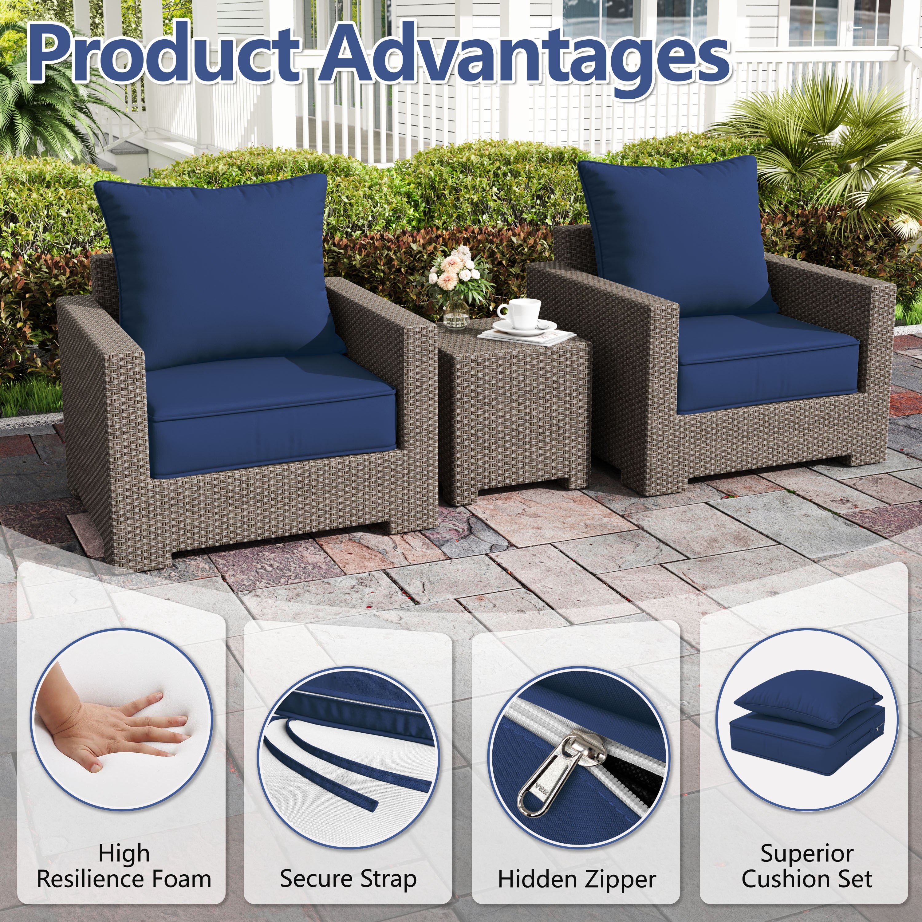 Pakunoda Patio Cushions for Outdoor Furniture 24” X 24” X 5”, Water Resistant Outdoor Deep Seat Cushions, Fade Resistant Replacement Cushions for Outdoor Furniture, Blue