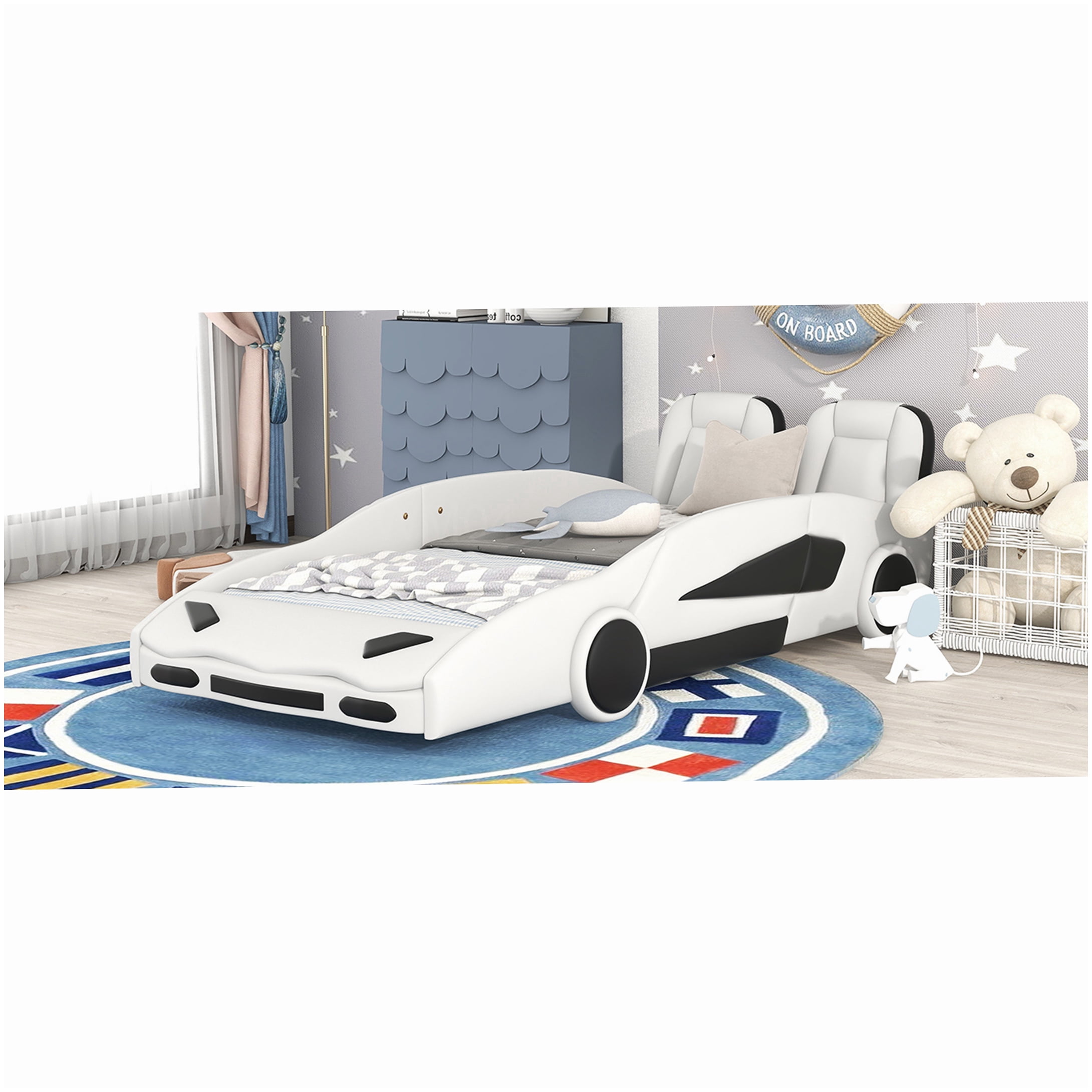 No Box Spring Twin Bed Frame, White Race Car Themed Platform Bed with Safety Rails and Wood Slats