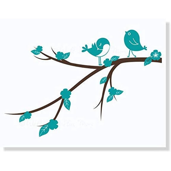 Branch Wall Sticker with Birds Flowers Girls Room Stickers Vinyl Art Decals Bedroom Decor- Chocolate Brown/Teal