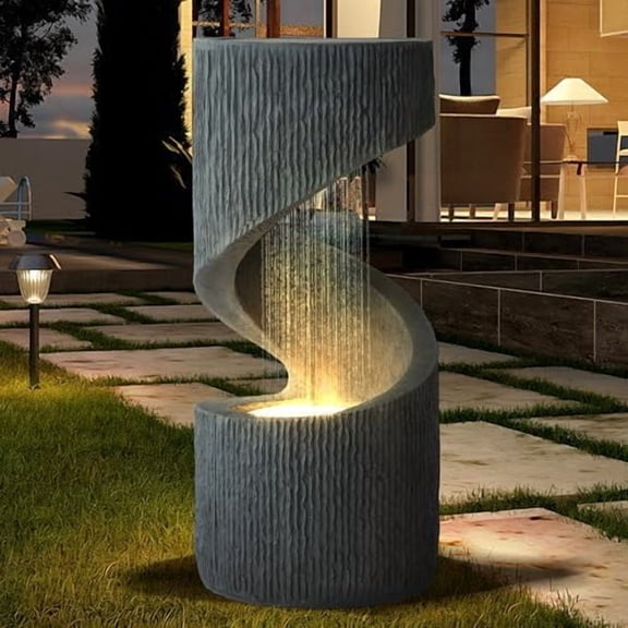 31.9" S-Shaped Outdoor/Indoor Water Fountain, Modern Curved Waterfall Feature with LED Lights, Floor-Standing Resin Spiral Garden Fountains Outdoor with Flat Top for Plant Display$$Garden & Patio