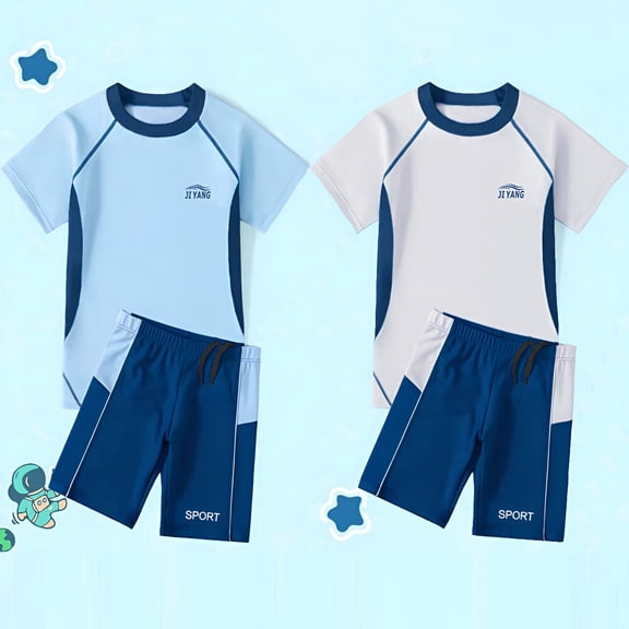 RTKFRFLM Boys 2-Piece Printed Swimsuit Set Summer Beach Rash Guard & Swim Trunks Blue 7-8 Years