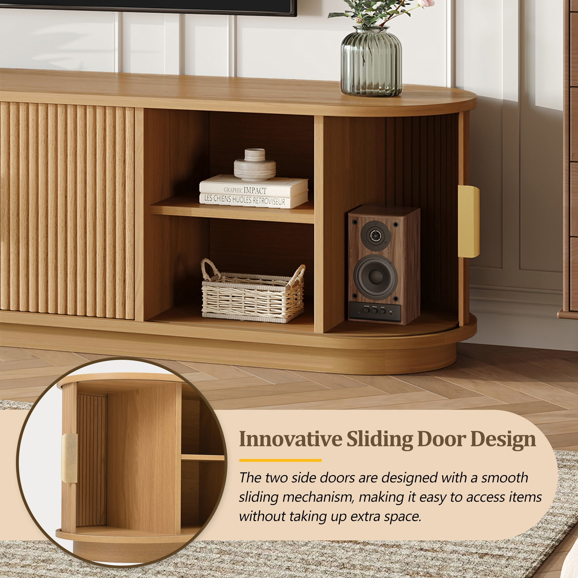 Miniyam Farmhouse Wooden TV Stand with Sliding Tambour Door for TVs up to 75", Fluted Media Console with Adjustable Storage, & Cable Holes for Living Room, Natural