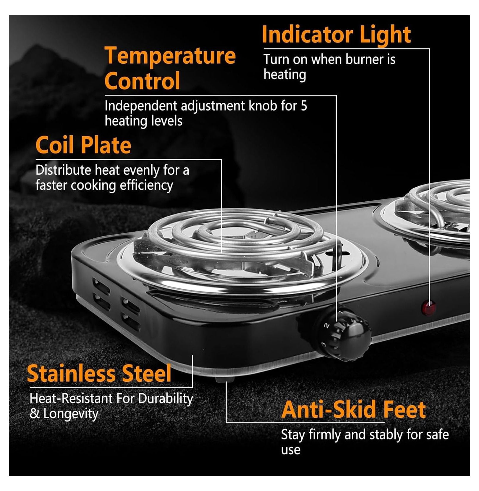 Hot Plate Electric Stove, 2000W Portable Dual Burner Cooktop - 5 Temp Control, Cast Iron, for Home, RV, Camping & All Cookware