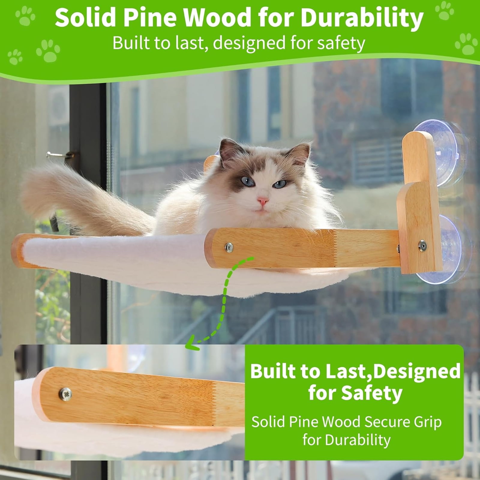 HQinX Cat Window Perch Wooden Frame Foldable Cat Hammock, Soft Faux Rabbit Fur Cover Washable, Strong Suction Cups No Drilling, Large Cat Bed