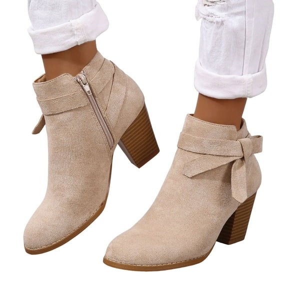 Suede Ankle Boots for Women High Stacked Heel Zipper Fall Winter Booties Dressy Bow Ankle Strap Short Booties