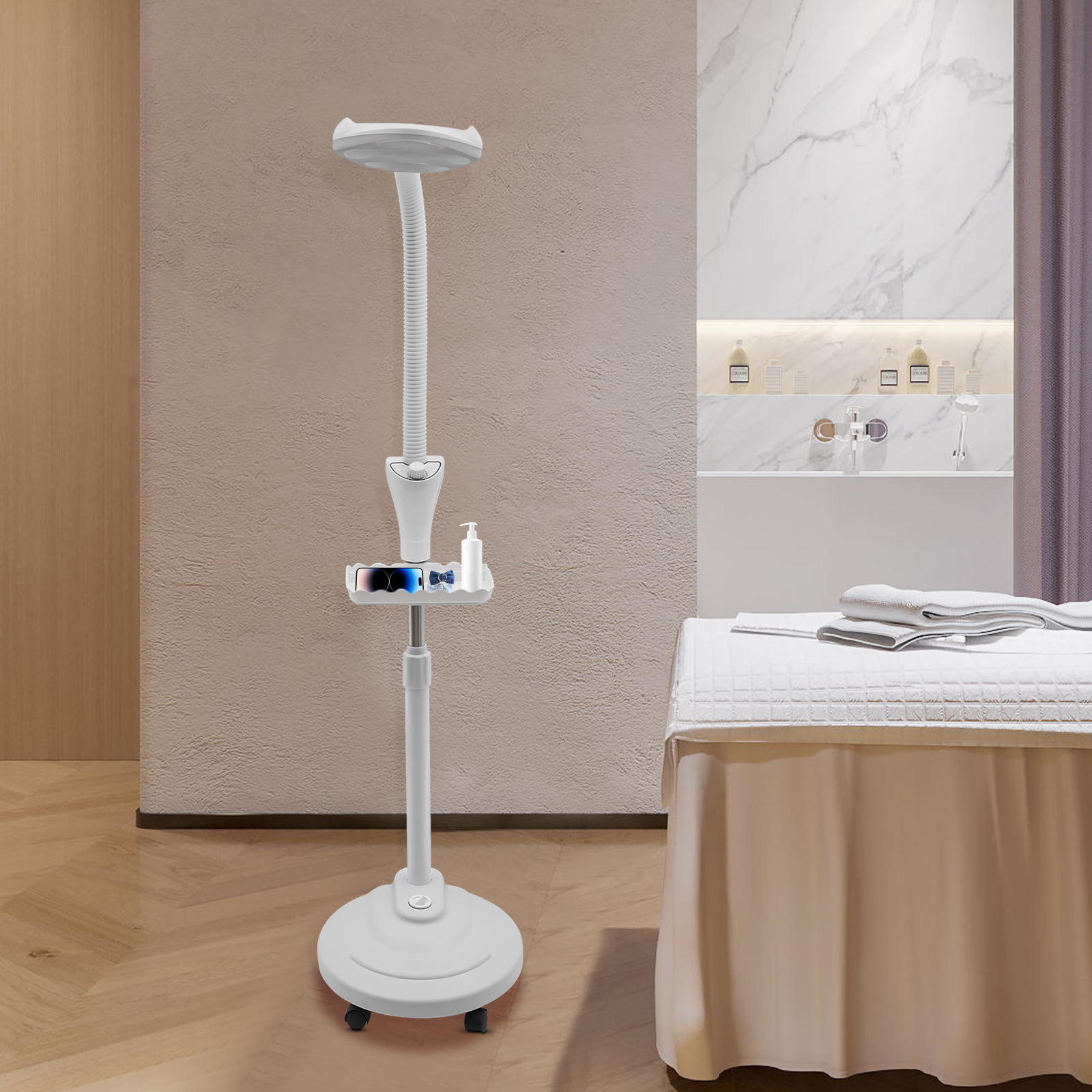 16X Magnifying Lamp with Adjustable Height, LED Light & Storage Tray, Floor Stand Magnifier for Beauty Salons, Nail Technicians, Dentists, Crafts, White