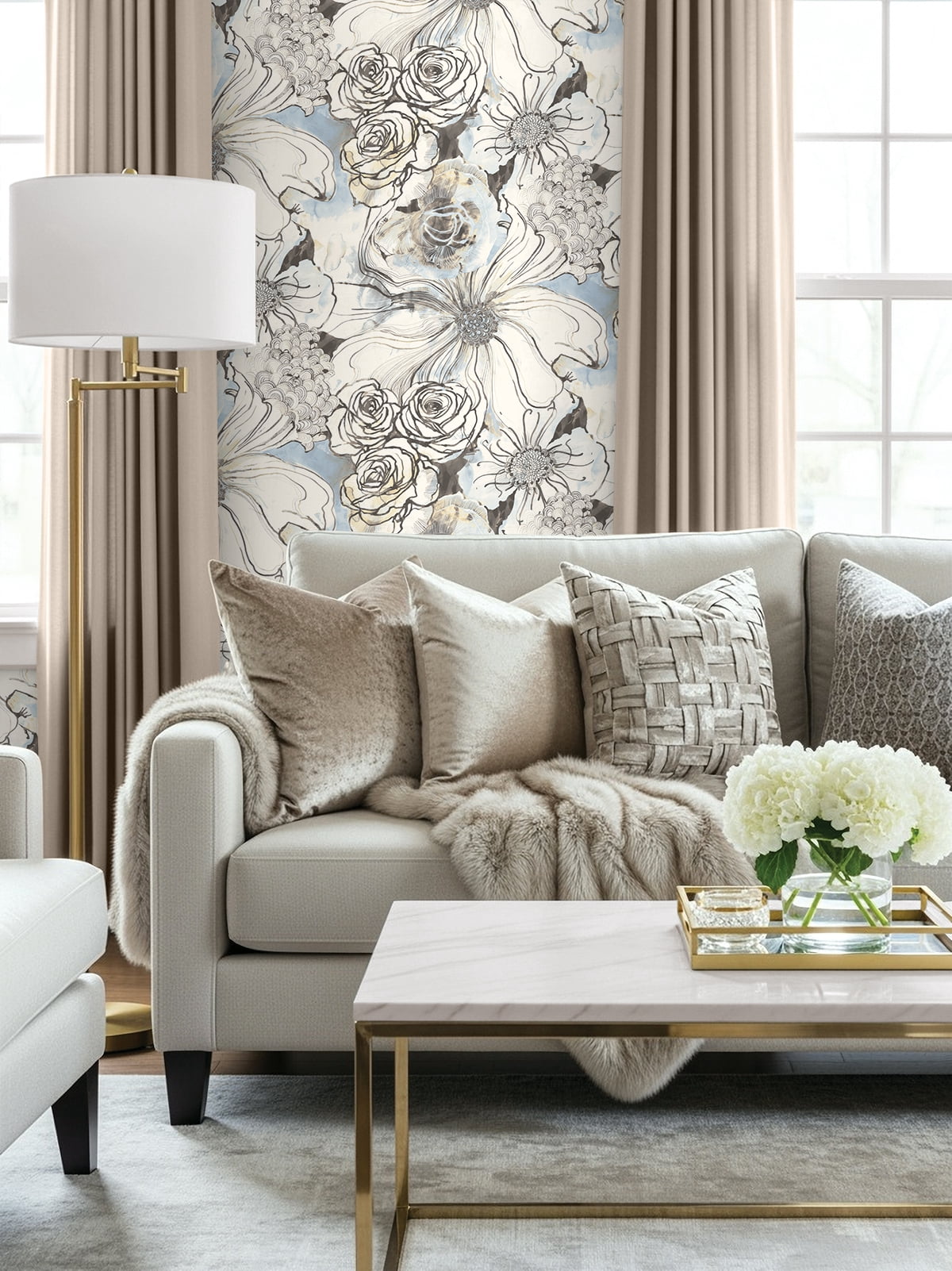 Harry & Grace Blue Mist & Stoneware Ink Rose Peel and Stick Wallpaper - 20.5 in. W x 18 ft. L Roll