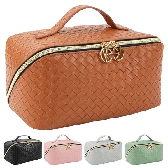 Large Capacity Travel Cosmetic Bag - Makeup Bag, Portable Leather Waterproof Women Travel Makeup Bag Organizer, with Handle and Divider Flat Lay Checkered Cosmetic Bags(Brown)