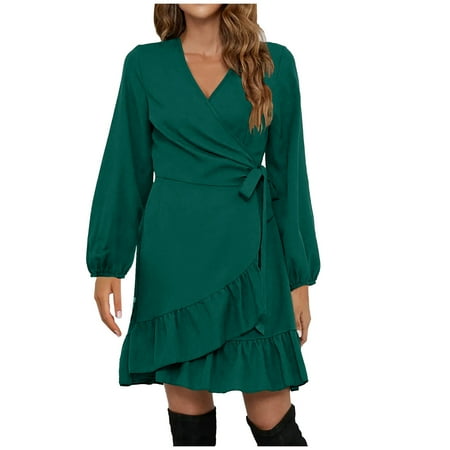 

EchfiProm 2023 Vintage Fabric Women Casual Solid Loose Straps Ruffled Hem Long Sleeve V-Neck Dress Unisex