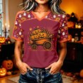 thumbnail image 2 of Yuncity Womens Shirts Halloween Pumpkin Graphic Print Tees Summer Fall V Neck Baseball Short Sleeve T-Shirts Casual Loose Fashion Tshirt Size L Red, 2 of 5