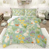 Castle Fairy Female Men Women Kawaii White Rabbits Full Size Comforter Sets 3-Piece,Spring Garden Flowers Bedding Comforter Set,Floral Butterflies Lightweight Bedding Sets,Microfiber Bedroom Decor