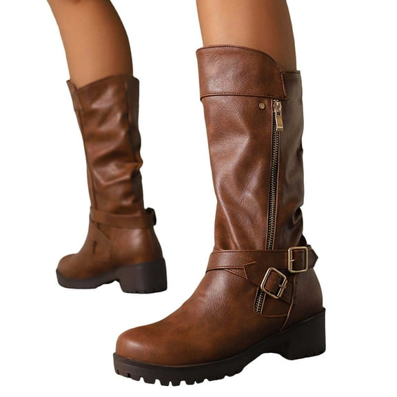 Platform Buckle Motorcycle Riding Boots for Women with Side Zipper Winter Fall Slouchy Leather Wide Mid Calf Tall Boots