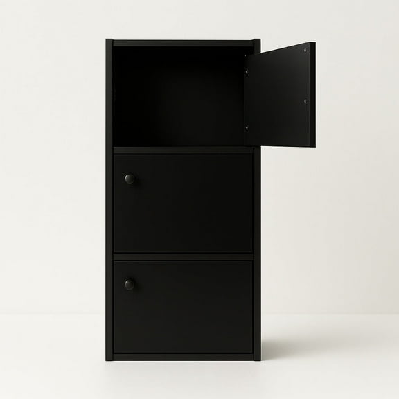 3-Tier Black Bookcase with Doors – Matte Finish Vertical Storage Shelf by PJ Furniture