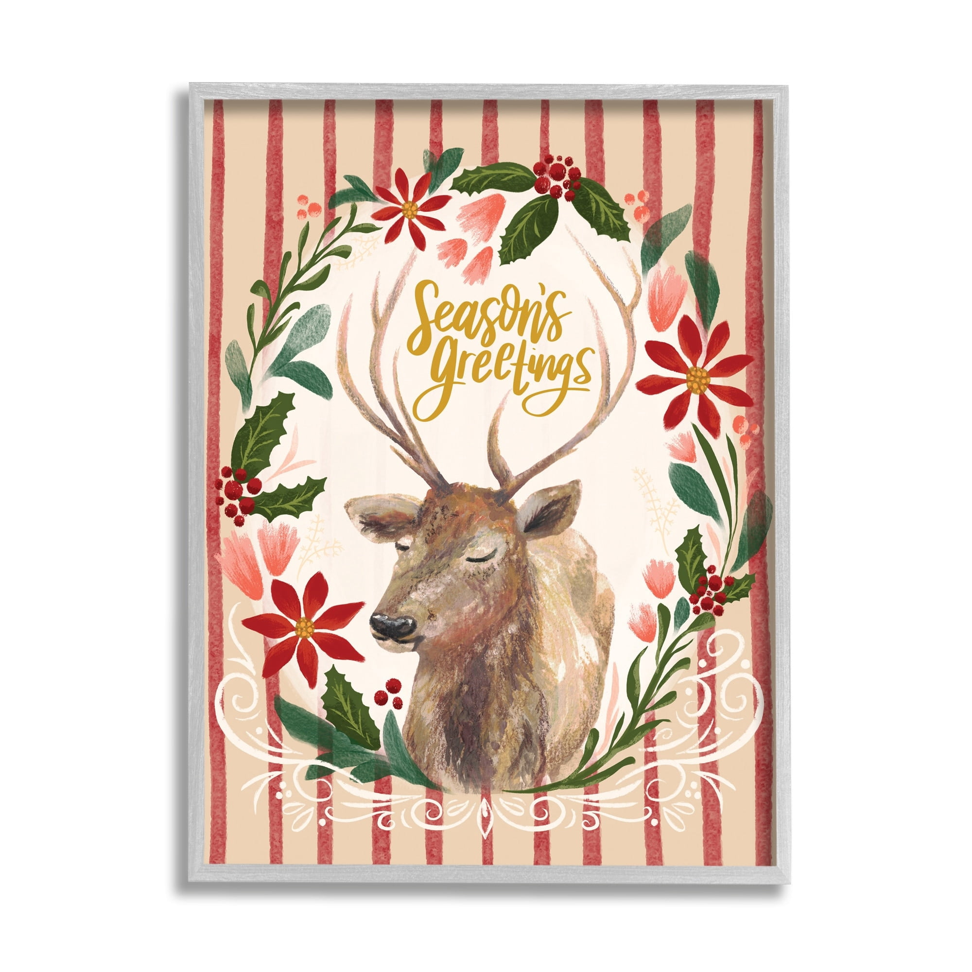Stupell Industries Seasons Greetings Holiday Wreath Soft Reindeer Portrait Animals & Insects Painting Gray Framed Art Print Wall Art, 11 x 14