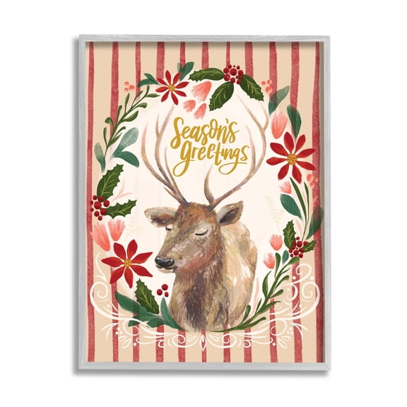 Stupell Industries Seasons Greetings Holiday Wreath Soft Reindeer Portrait Animals & Insects Painting Gray Framed Art Print Wall Art, 16 x 20