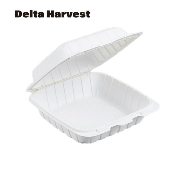Delta Harvest 8"x8"X3" MFPP White Hinged Disposable Food Container with Lid, Hinged Clamshell Design, Takeout Box, Pack of 200