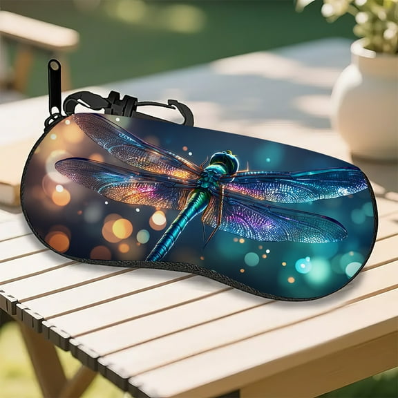 Vibrant Dragonfly Theme Pattern Design Neoprene Glasses Case with Zipper - Ultra-Light Travel Glasses Pouch, Fits All Sunglasses, Eyeglasses & Accessories