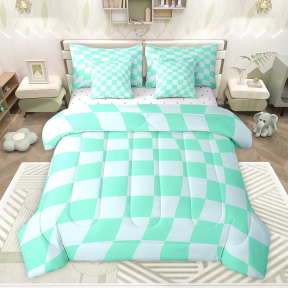 Feelyou Pixel Grid Miners Bedding Comforter Set 7 Pieces for Teen, Fashion Square Full Bedding Set, Blue Buffalo Plaid Reversible Fitted Sheet Flat Sheet, Microfiber Bedroom Decor