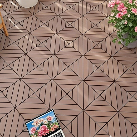 44Pcs Diagonal Stripe Patio Deck Tiles, 12 x 12in, Waterproof Interlocking Floor Tiles for Porch, Poolside, Balcony, Backyard, Red Brown