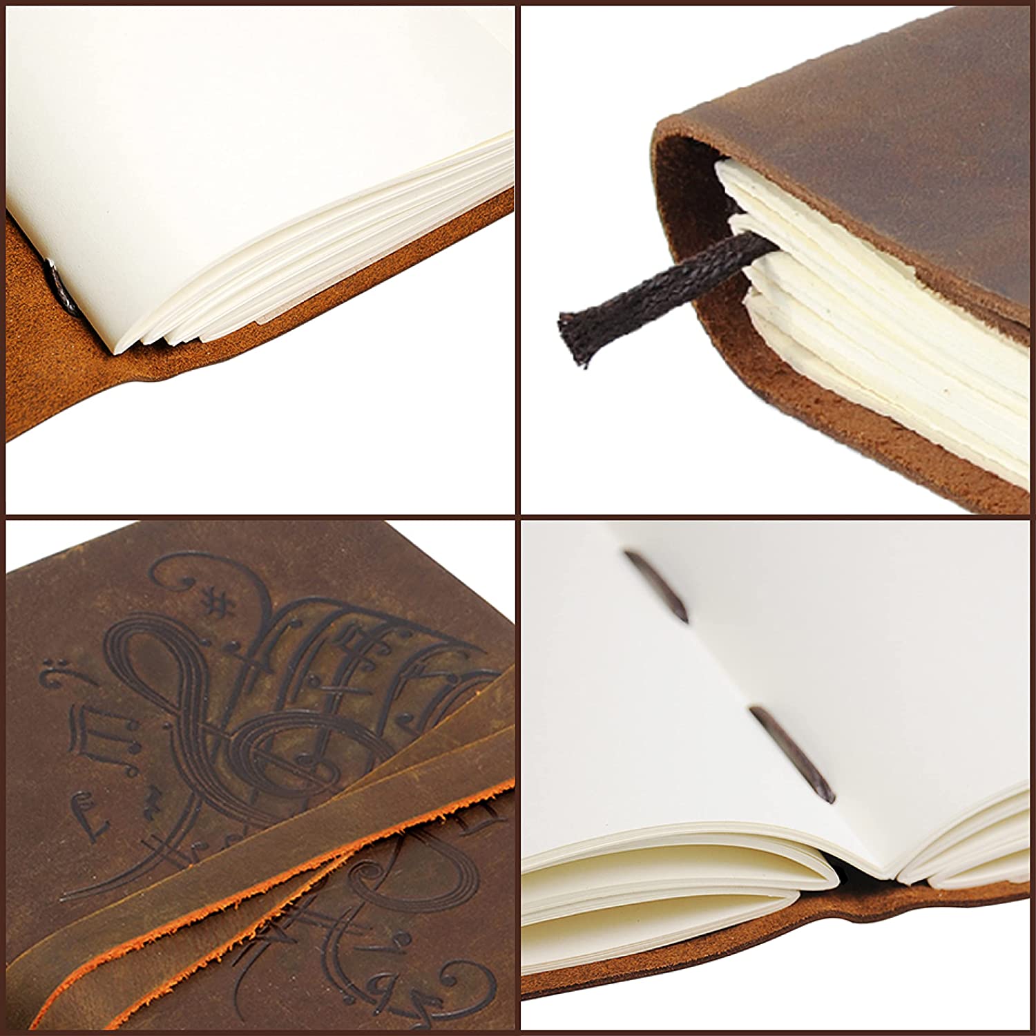 Leather Bound Journal for Men and Women, Handmade Gift Set with Music Notes Embossed Journal and Stylish Pen, Vintage and Classic, Notebook, Sketchbook, Planner and Diary (300 Pages) (8x6")