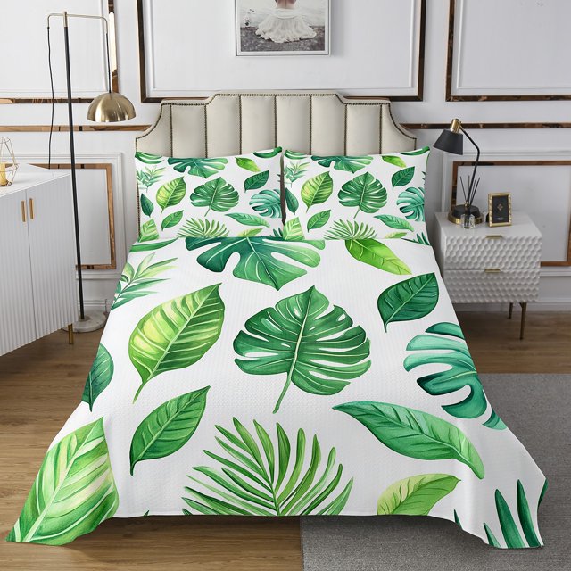 Erosebridal Tropical Leaves Coverlet Set King,Botanical Palm Tree Bedding Set,Plant Bedroom Decor,Breathable,3 Pieces