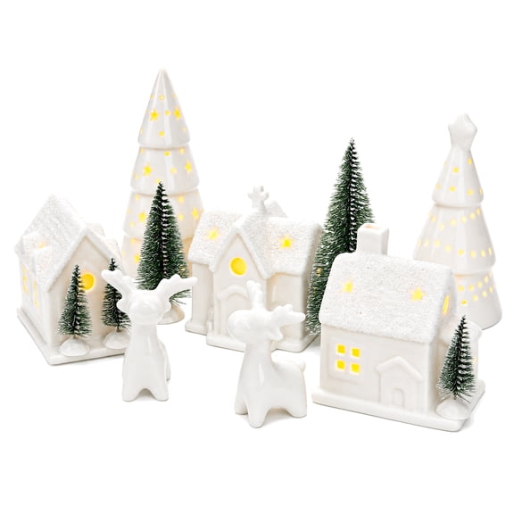 12-Piece Light Up Christmas Village Set | White Ceramic Lighted Cottage Reindeer Christmas Tree | Battery-Powered Warm-Toned LEDs | Indoor Tabletop Mantelpiece Holiday Decor