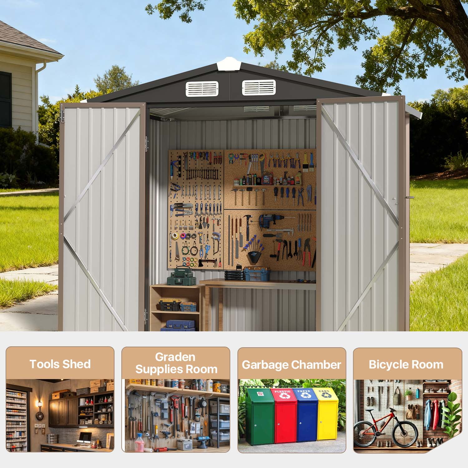 BaPiPro 6 x 4ft Metal Outdoor Storage Shed, Tool Shed with Lockable Door & Sloped Roof for Backyard & Patio, Brown