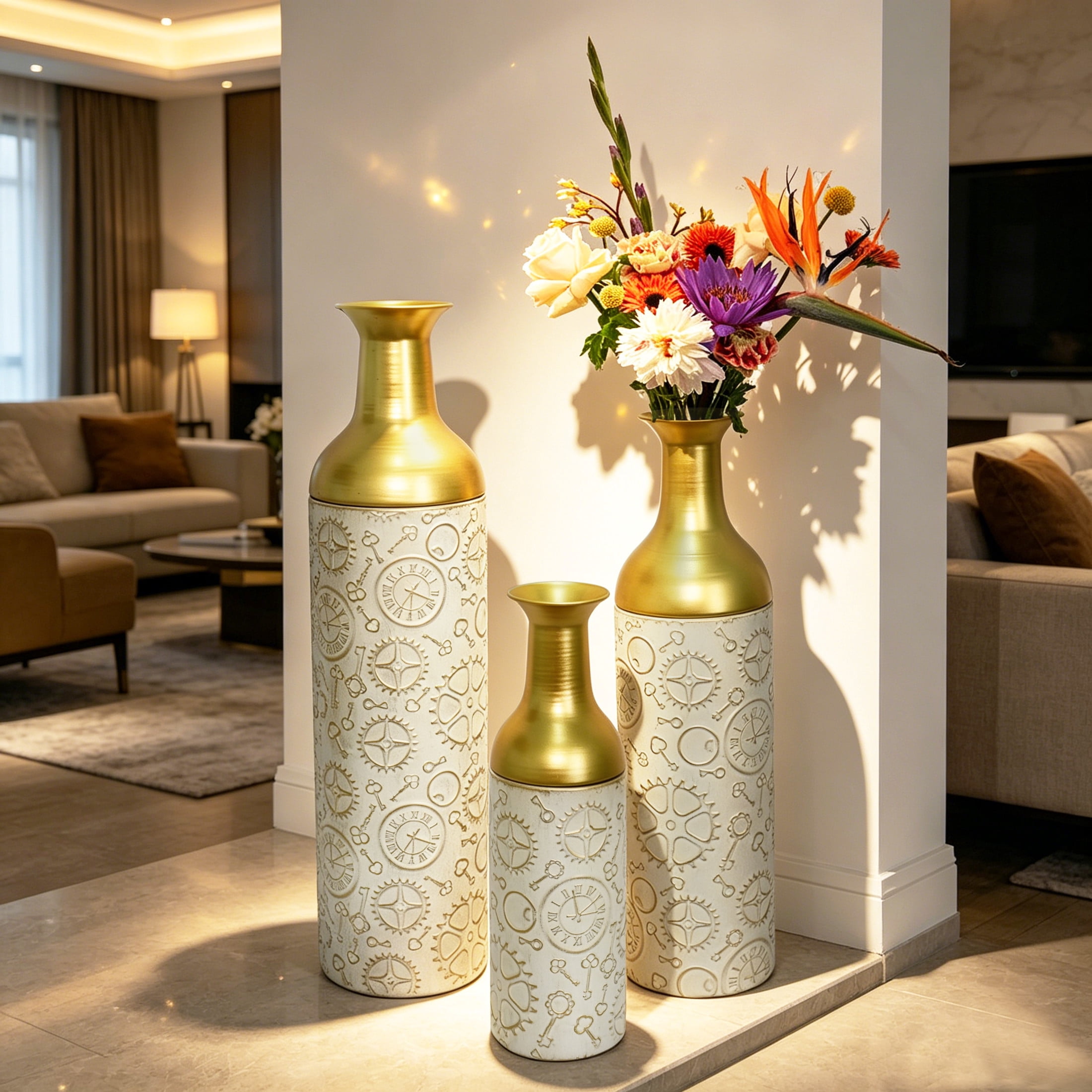 Noble House Set of 3 Decorative Metal Floor Vases, Clockwork Pattern Tall Vases, Antique White+Gold