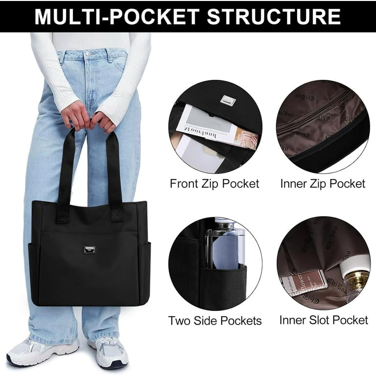 Nylon Tote Bag with Zipper Thicken Waterproof Shoulder Bag for Women with Pockets and Large Capacity for School Work Shopping Travel Everyday Use