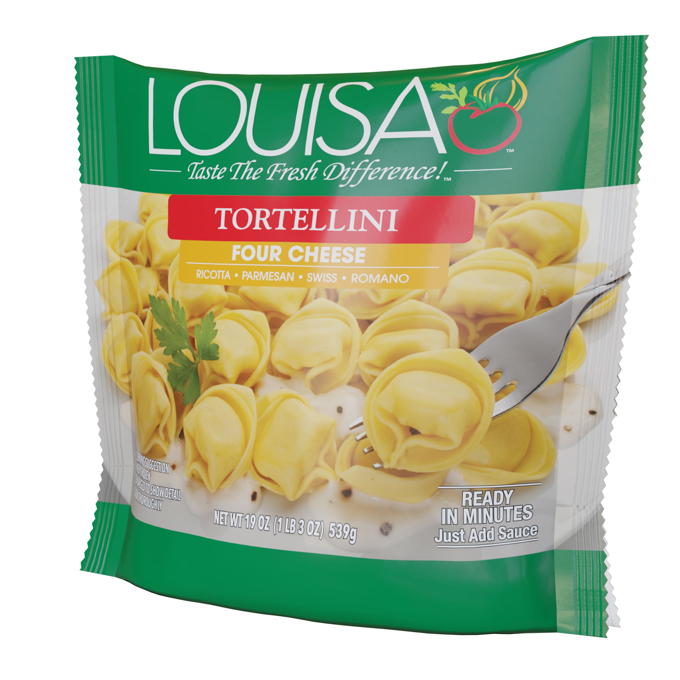 Louisa Four Cheese Tortellini, 19 oz Bag – Frozen Stuffed Pasta Appetizer with Ricotta, Mozzarella, Parmesan & Romano