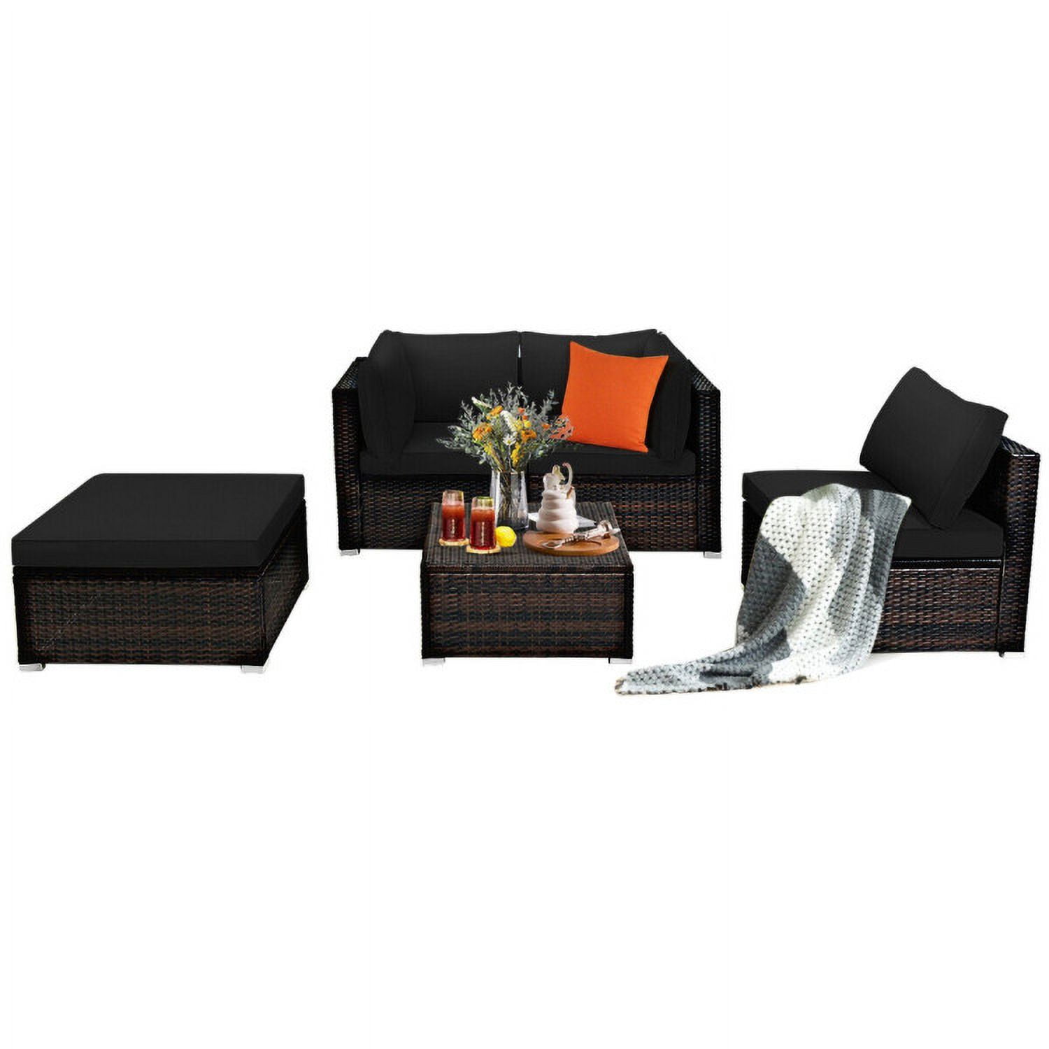 Aimee Lii 5 Pieces Patio Sectional Rattan Furniture Set with Ottoman Table, Outdoor Patio Set, Black