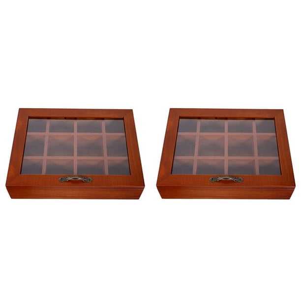 2X Soporte de Madera para Bolsas de Té, 12 Rejillas, Paquetes de Azúcar, Bolsas de , Estuche de Almacenamiento, Cajas para Bolsas de Café Instantáneo con Tapa Transparente
