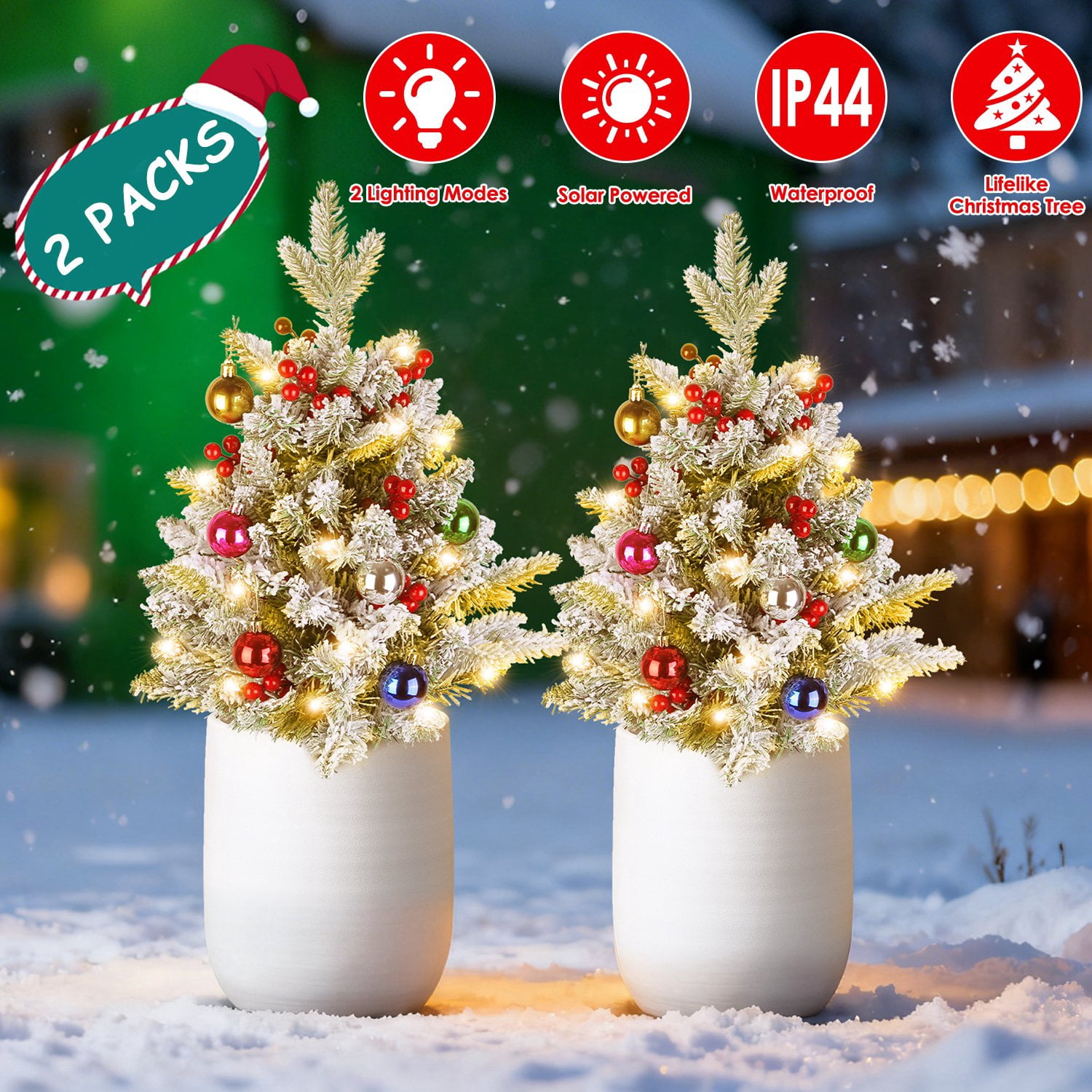 Astoutdoor 2-Piece Solar Lighted Artificial Christmas Tree, 35.43 in, Red Berries, 50 LEDs, 2 Modes, IP44, PVC