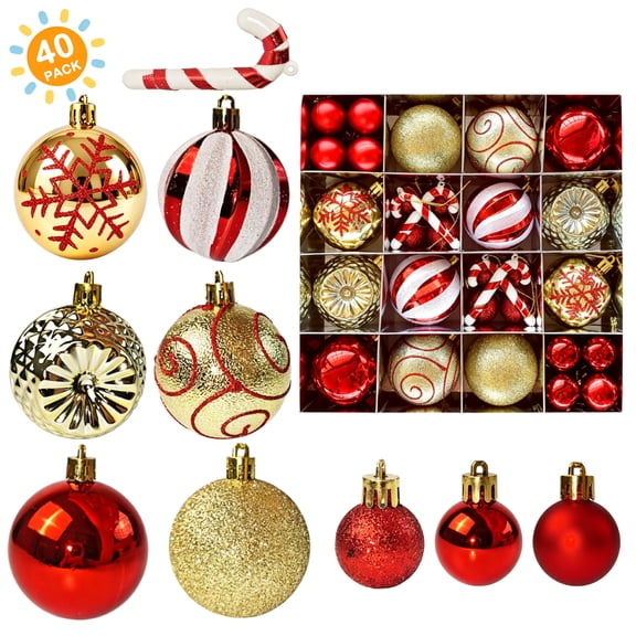 BellaNotes 40Pcs Christmas Tree Ball Ornament Set, Red and Gold Glitter Shatterproof Foam Christmas Balls, Christmas Tree Decorations for Holiday Decor(Red)