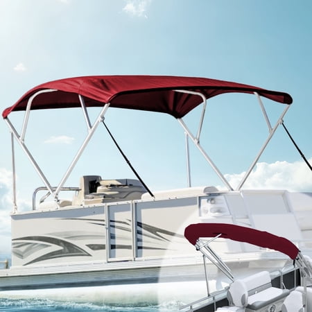 Bimini Top Cover 600D UV-Resistant Canvas, Tear & Fade Proof, Waterproof 4 Bow Boat Shade with Zippered Pockets, Pontoon Bimini Top with Frame Rustproof Square Poles, Gray 4 Bow 8'L 54" H 85"-90" W