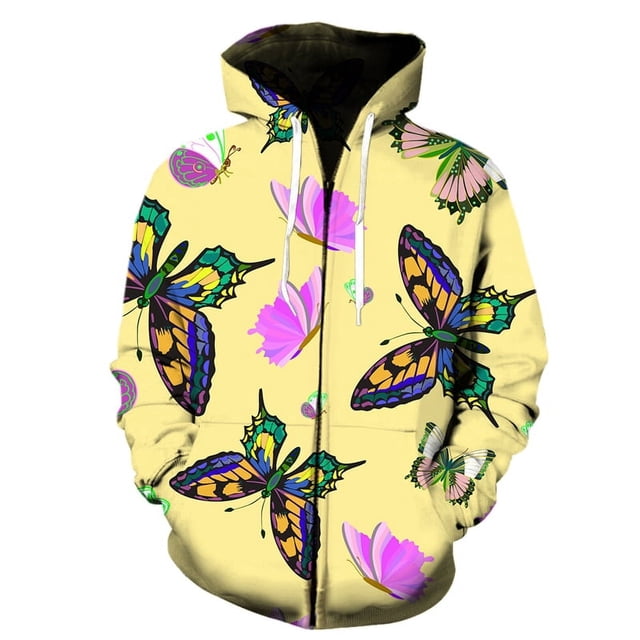 Sudadera con capucha y cremallera para hombre, con estampado 3D de mariposas y dibujos animados divertidos, ropa informal de calle para primavera y otoño