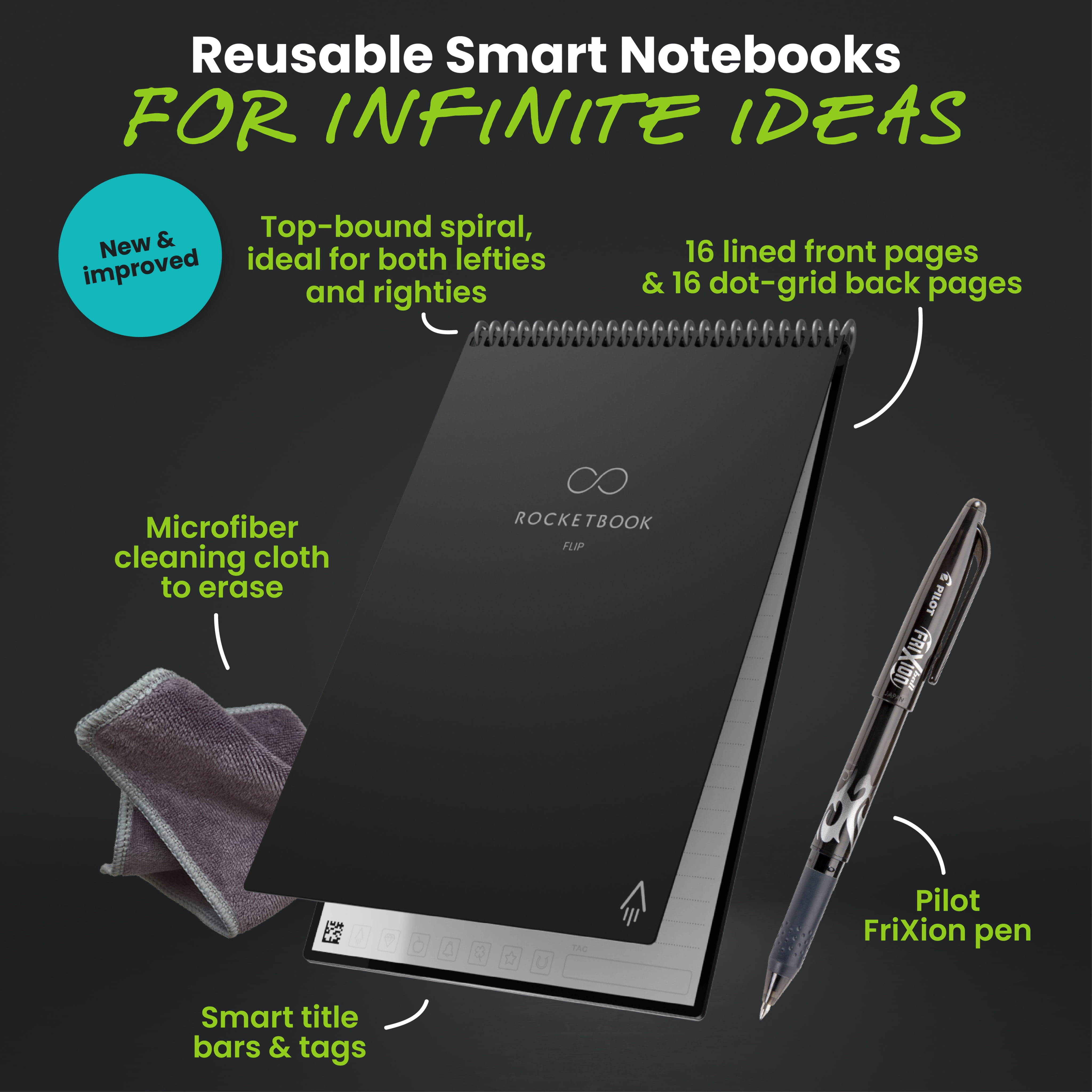 Rocketbook Smart Reusable Flip Notebook - Top bound Letter Size, Black