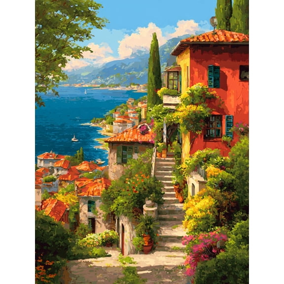 UXIEQU Mediterranean Village Landscape Canvas Wall Art Print 15.75x11.81 Inches