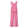 thumbnail image 5 of Elvqul Loose Fit Sleeveless Square Neck Knit Fabric Long Pants Ruffled Hem Side Pockets Pajama Set Sleepwear Loungewear Ruffled Hem Pjs Flutter Strap Pjs Ruffle Detail Pajamas, 5 of 8