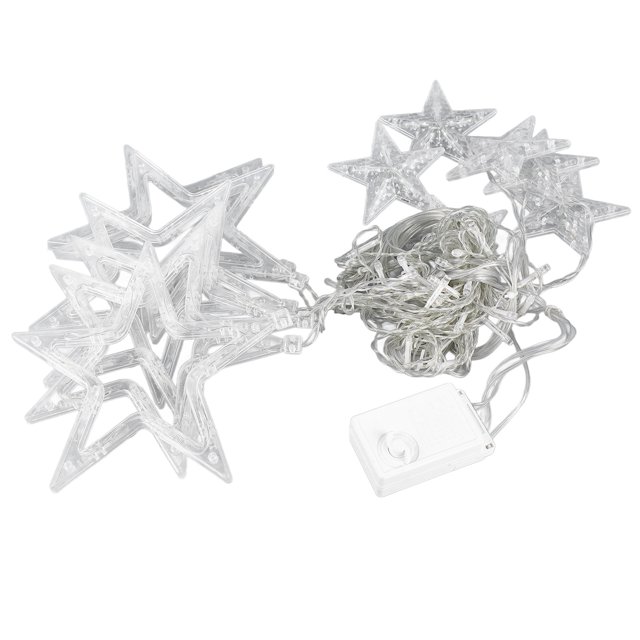 cadena de luces de cortina de estrellas jadeshay a para dormitorio luces decorativas Color de la imagen, cadena de LEDs en estrellas translúcidas con cable plateado y caja de control blanca, largo aprox. 2.5 m (8.2 ft), diseñada para uso interior y exterior con modos de parpadeo ajustables; ideal para Navidad, bodas y fiestas; también suele usarse para ambientar sesiones fotográficas pequeñas.
