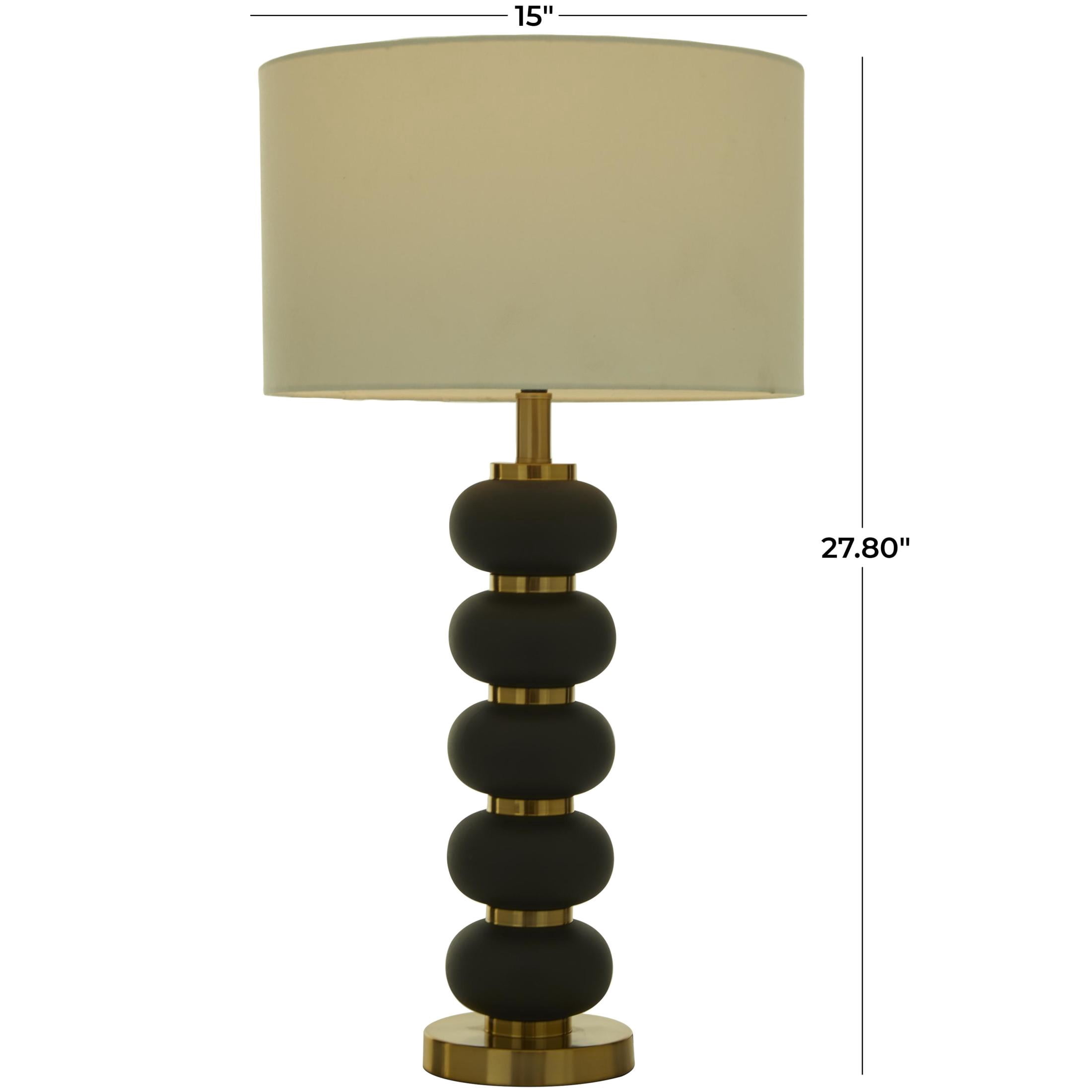 DecMode Metal Contemporary Drum Shaped with Oblong Shaped Accent Table Lamp 15"W x 28"H, Matte Black and Metallic Gold Finished Body with White Linen Lampshade