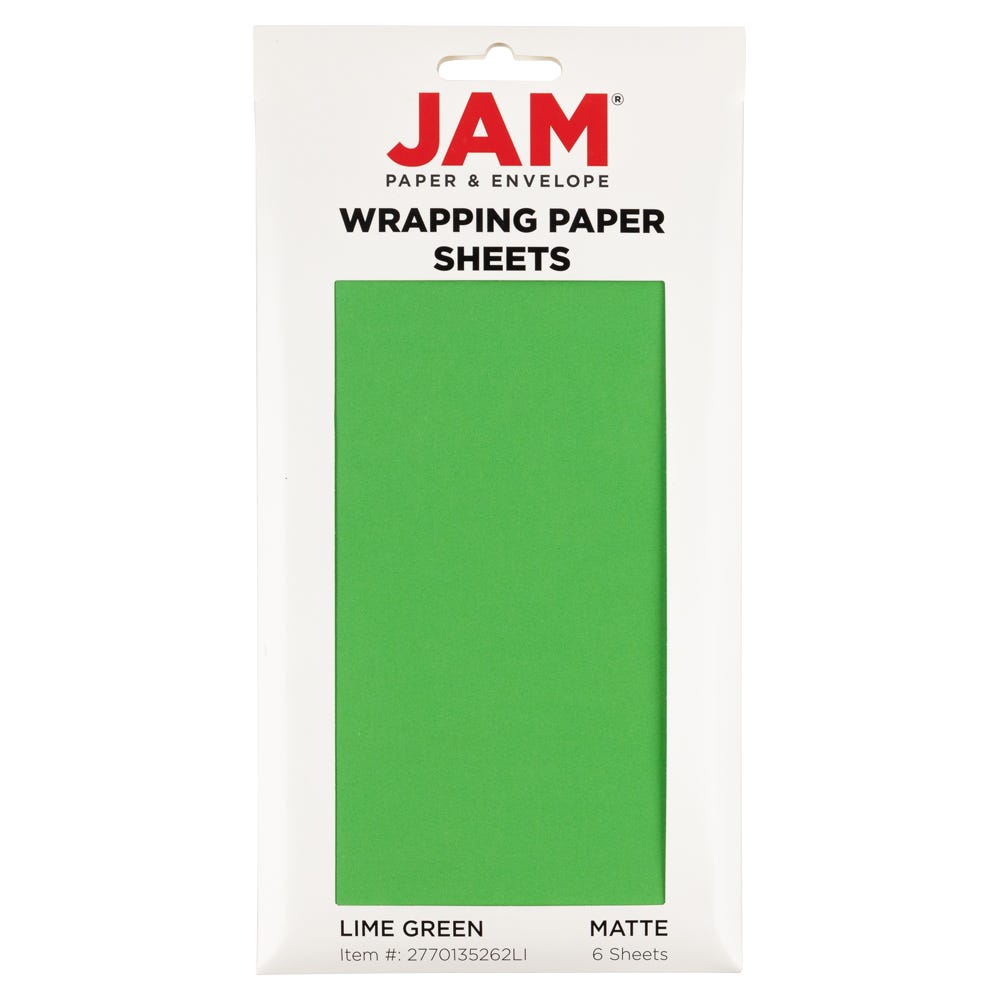 JAM Paper Matte Wrapping Paper Sheets, 30 x 20 per Sheet (25 sq ft Total), Matte Lime Green, 6 Sheets