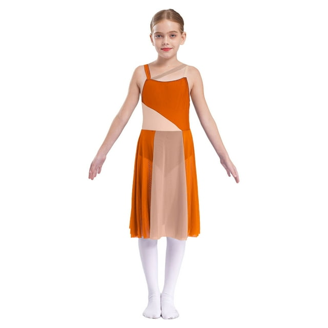 Oyolan Robe de Danse Ballet Sans Manches en Maille Transparente pour Filles Orange 16