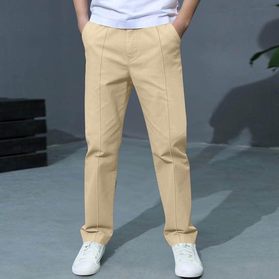 HOWPAY Uniform Pants for Boys Straight Leg Elastic Waist Chino Pant with Pockets Stretchy Causal Loose Fit Pull on School Uniform Beige