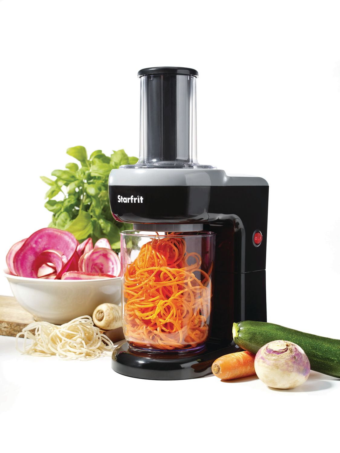 Starfrit Electric Spiralizer - Two blades - Large and small spirals - Food pusher - Great for vegetables - 60 W - Black
