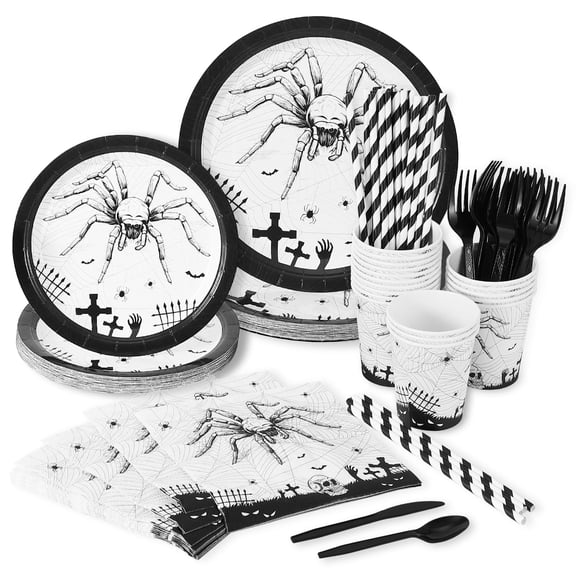 Halloween Party Supplies, 215 Pcs Paper AFN1Plates and Napkins Disposable Cutlery Set, Skull & Spider Decorations Tableware Set Included Plates Cups Straws Napkins for Party (25 Guests)